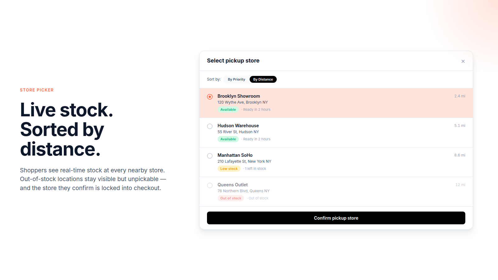 Store picker modal with real-time per-store stock